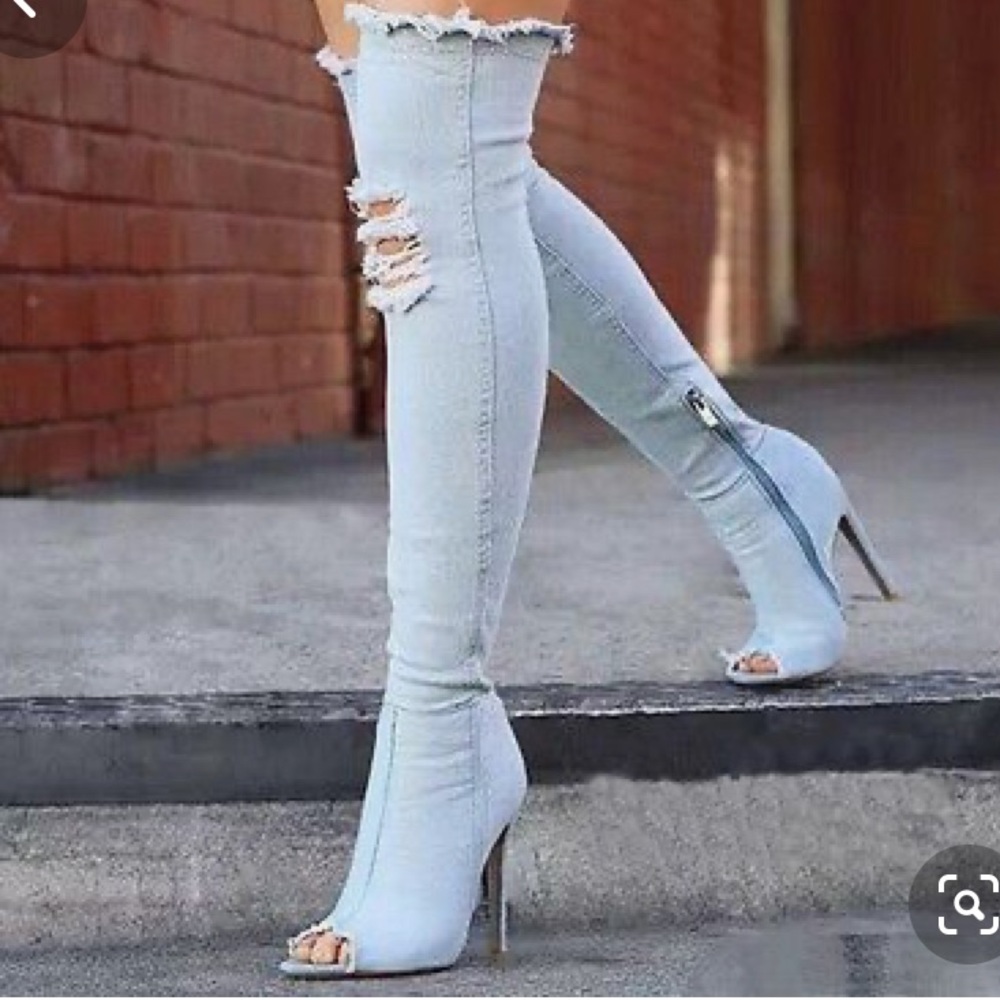 Ripped jean thigh boots